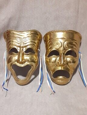 Vintage Brass Gold Theatrical Comedy & Tragedy Mask Set - Wall Hanging Decor Art